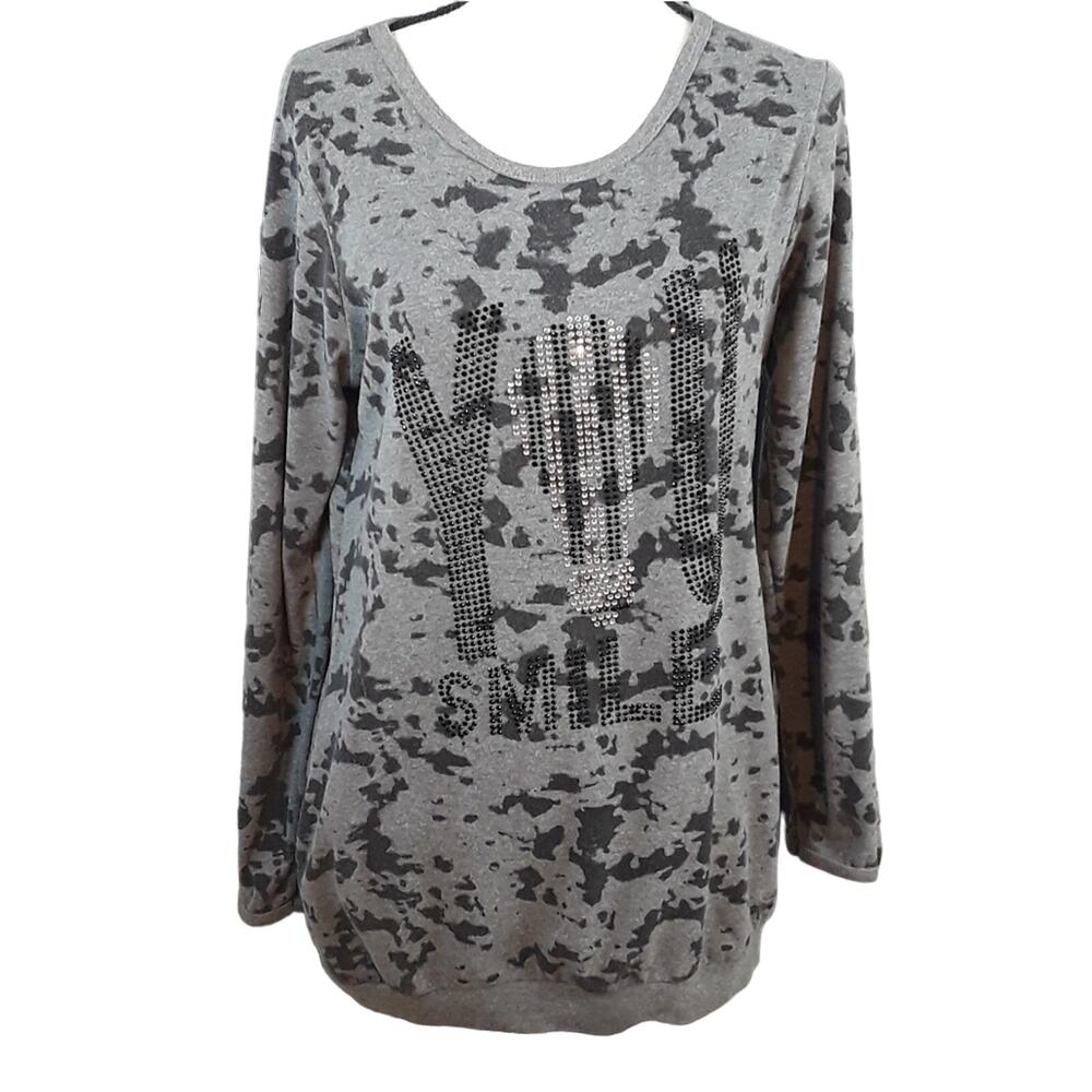 You Smile Embellished Microphone Crewneck Long Sleeve Sweatshirt Grey Music M